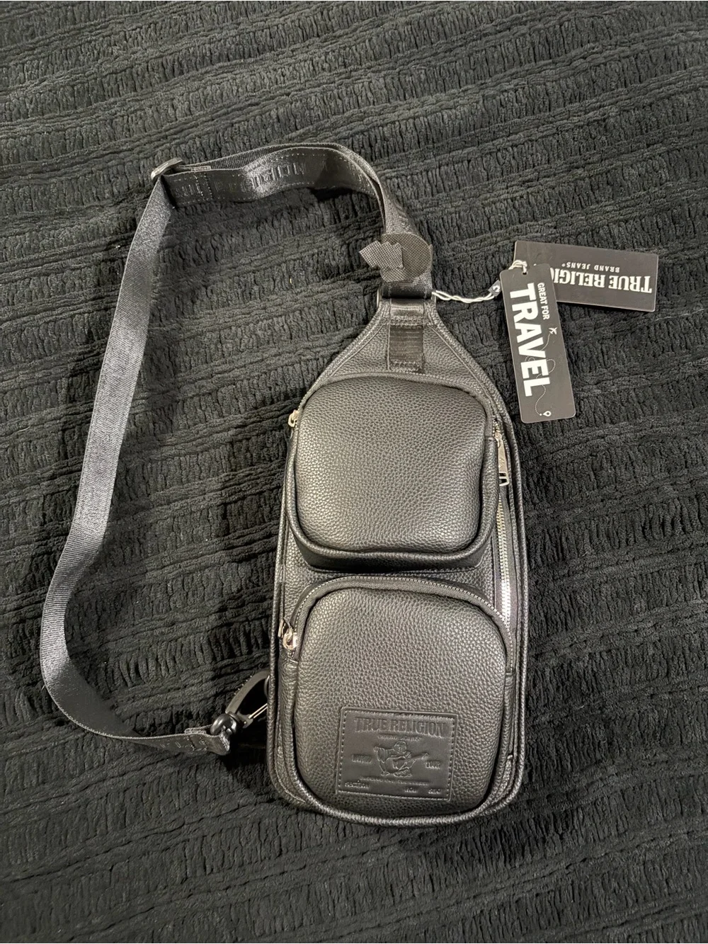 True Religion Black Leather Crossbody Sling Bag